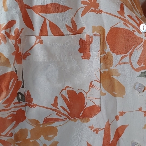 Kate Hill Floral Print Silk Top Short Sleeve Orange White Button Up Size Large - Picture 4 of 8